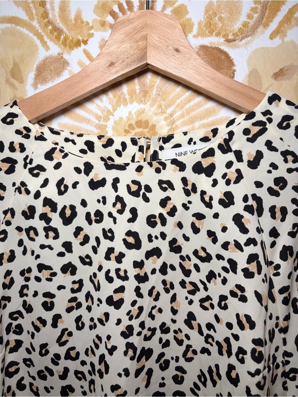 Nine West Leopard Print Blouse Balloon Sleeve Animal Print Top Cream Black XS - Picture 8 of 12